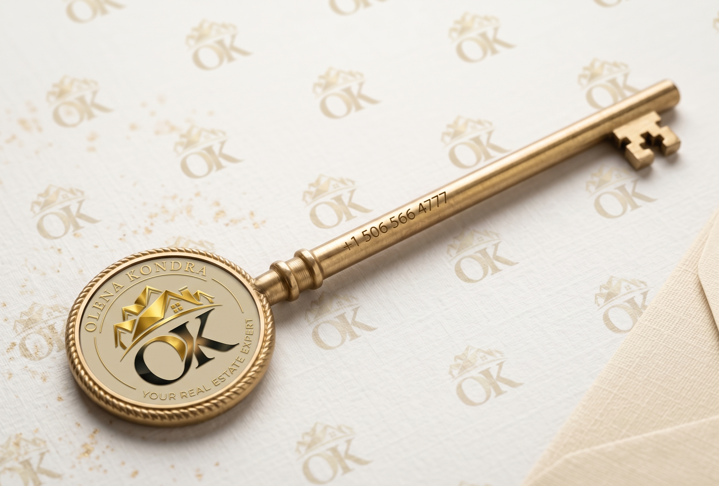 Key with Olena Kondra branding — Your Real Estate Expert